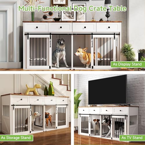 Real Relax 71" Double Dog Crate Furniture, Large Wooden Dog Kennel Furniture with 2 Drawers, Divider and Sliding Door