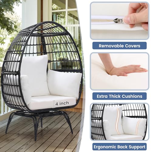 Oversized 360 Swivel Rattan Egg Chair for Adult, Indoor Outdoor Patio Large Wicker Egg Chair with Overstuffed Cushions, 440lb Weight Capacity