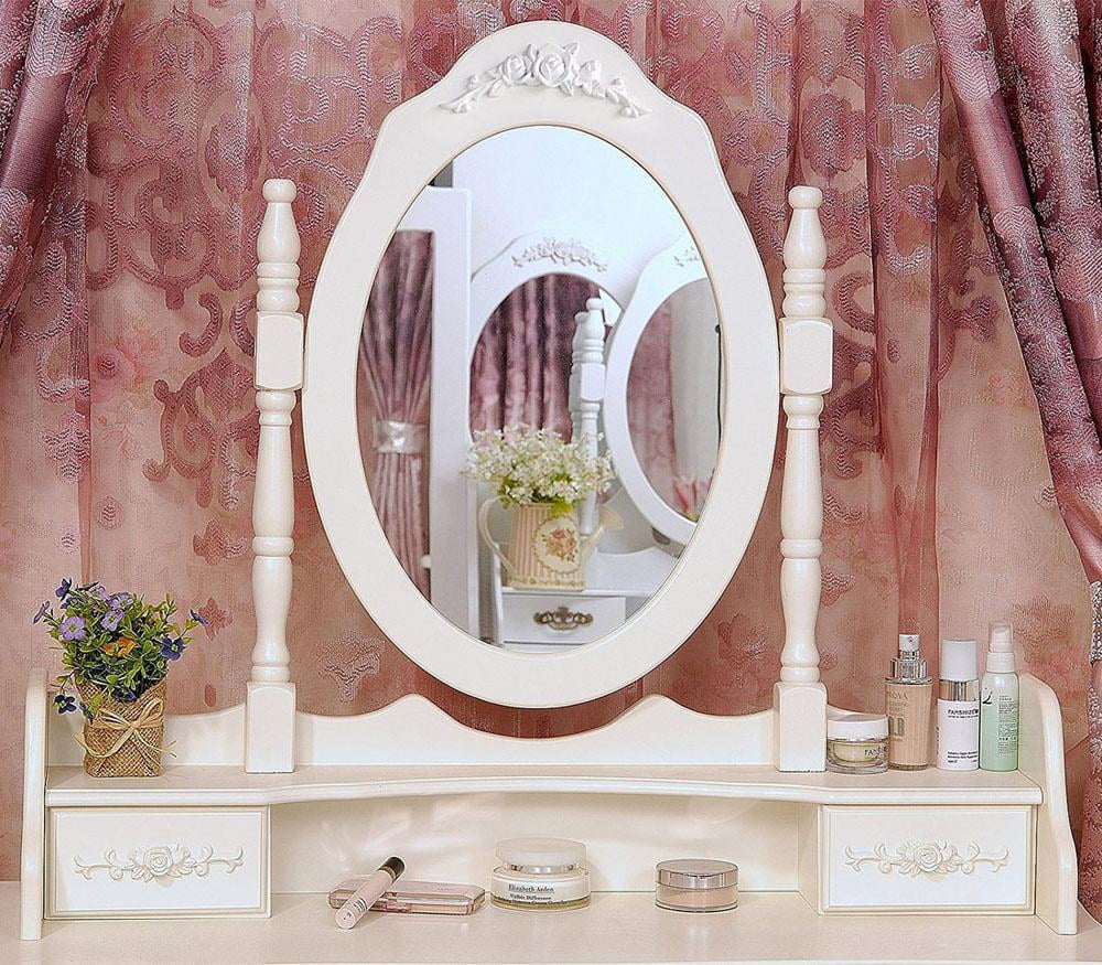 SamyoHome Vanity Table Set, Makeup Dressing Table with Mirror, Vanity Desk with Cushioned Stool 4 Drawers, White