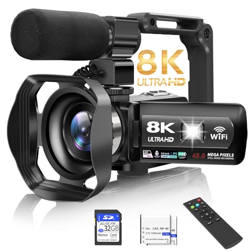 Video Camera, 8K Camcorder 48MP 15FPS UHD WiFi Vlogging Camera with IR Night Vision for YouTube, 3" Touch Screen 18X Digital Zoom, with Fill Light