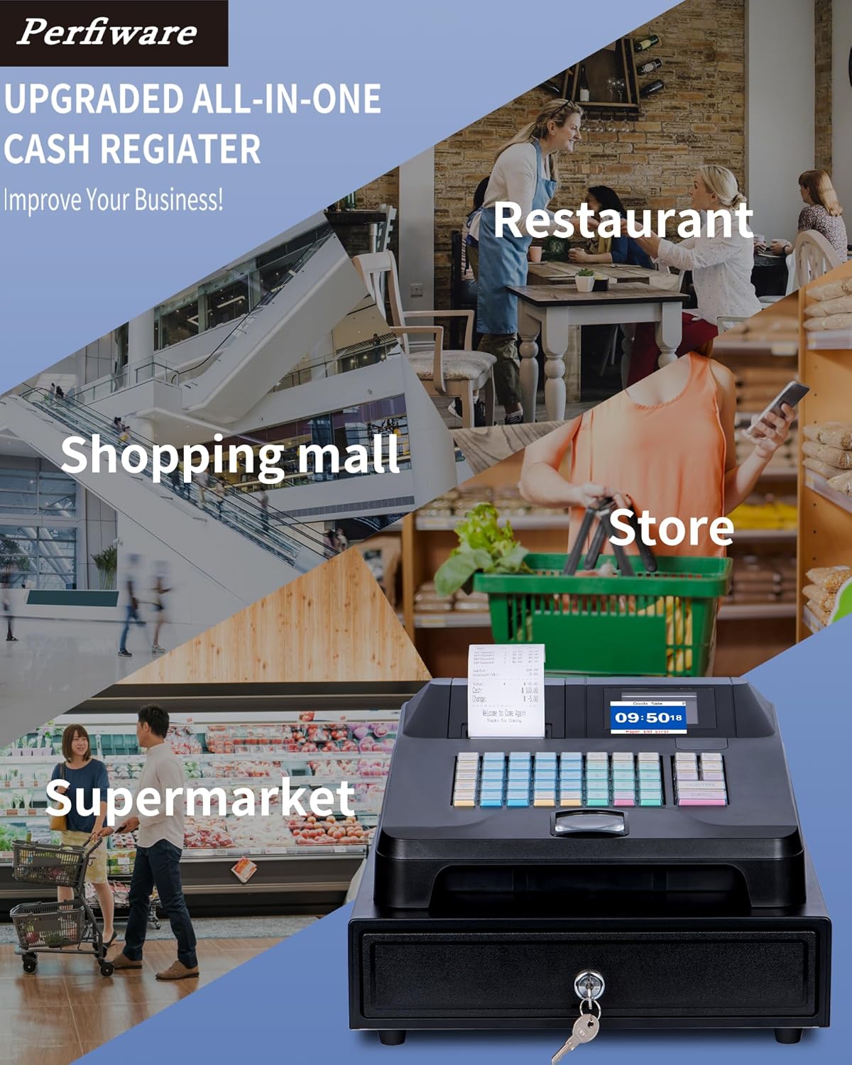 Cash Register for Small Businesses with Cash Drawer& Built-In Receipt Printer, Electronic Cash Registers with Dual Display for Cashier and Customer