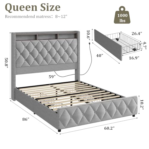 GarveeHome Queen Bed Frame with 50.8" Tall Headboard, Platform Velvet Upholstered Bed Frame with 4 Storage Drawers, USB Charging Station, Led Lights
