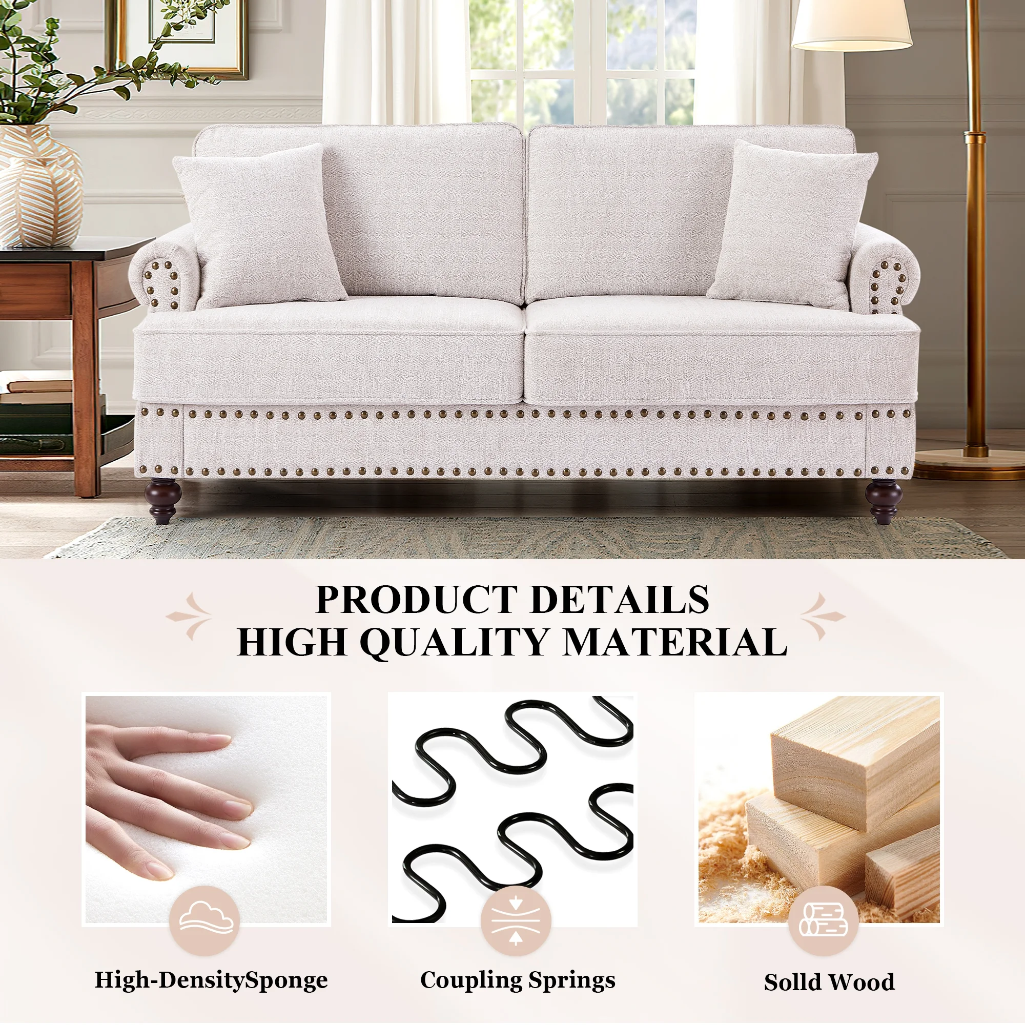 Muumblus Mid-Century Loveseat Sofa, 2 Seater Sofa with Nailhead, 61" Chenille Upholstered Couches for Living Room, White