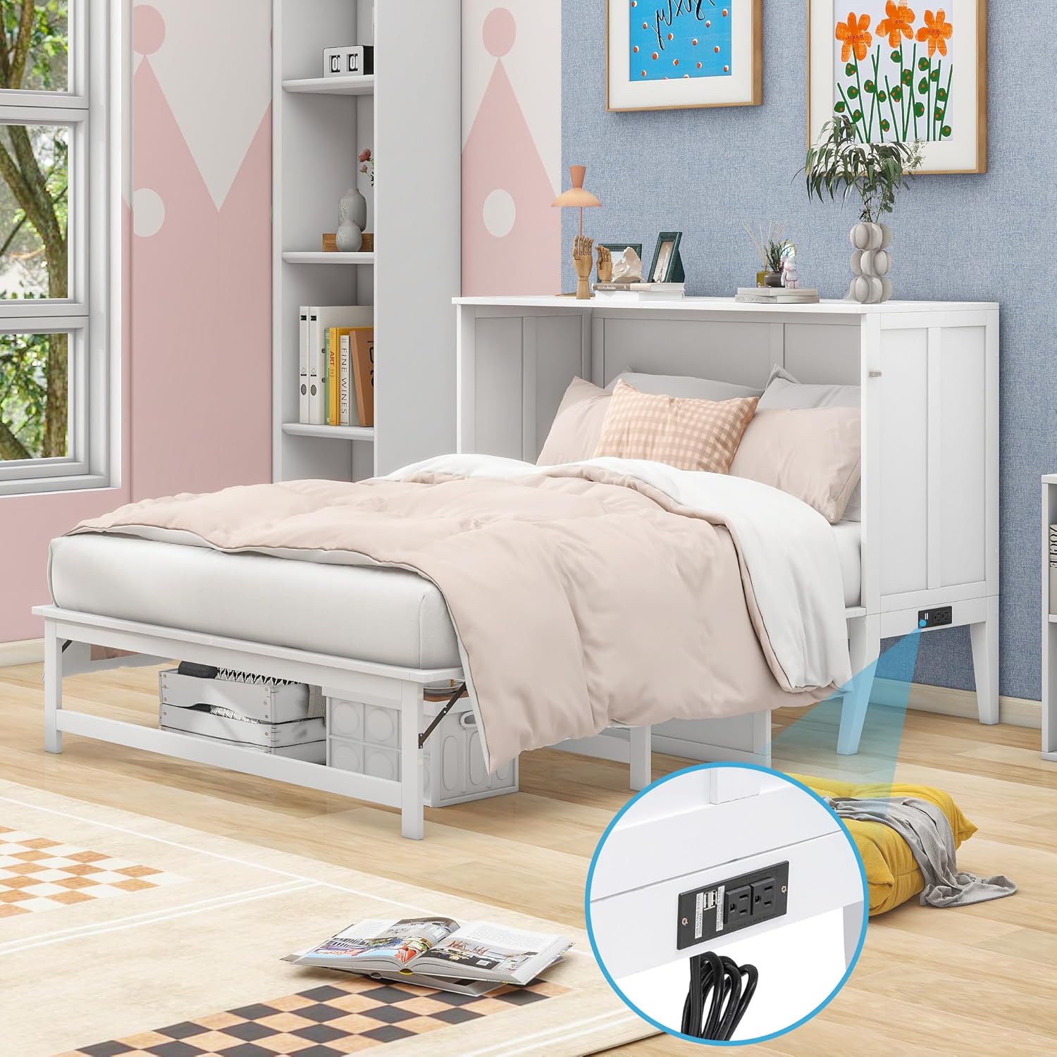 Queen Size Murphy Bed with Built-in Charging Station, Open Shelf and HiddenTable for Small Place Home Office