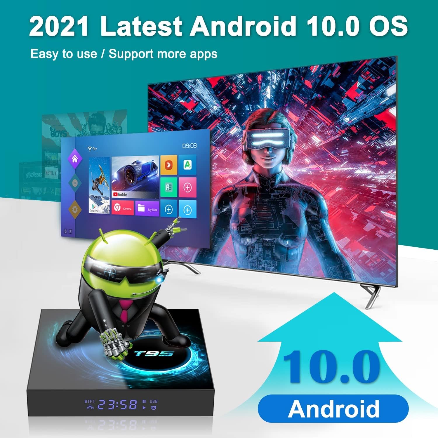 2021 Android 10.0 TV Box T95 4GB RAM 128GB ROM Allwinner H616 Quad-core ARM cortex-A53 CPU, Smart Box Supports 3D 4K 6K UHD H.265