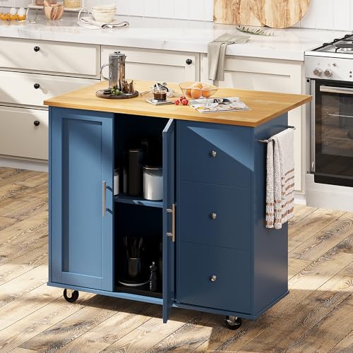 Shintenchi Rolling Kitchen Island Cart with Folding Drop Leaf Breakfast Bar, Portable Trolley Island with Large Storage Cabinet, Shelf and Drawer