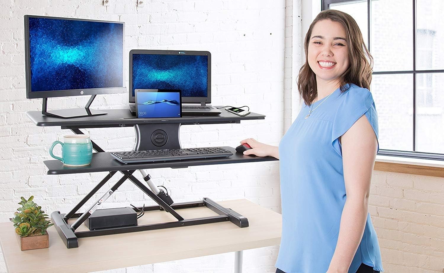 Stand Steady Flexpro Hero Power | Electric Standing Desk Converter/Desk Riser with Wireless Charging | Turns Any Desk into a Sit to Stand Up Desk |