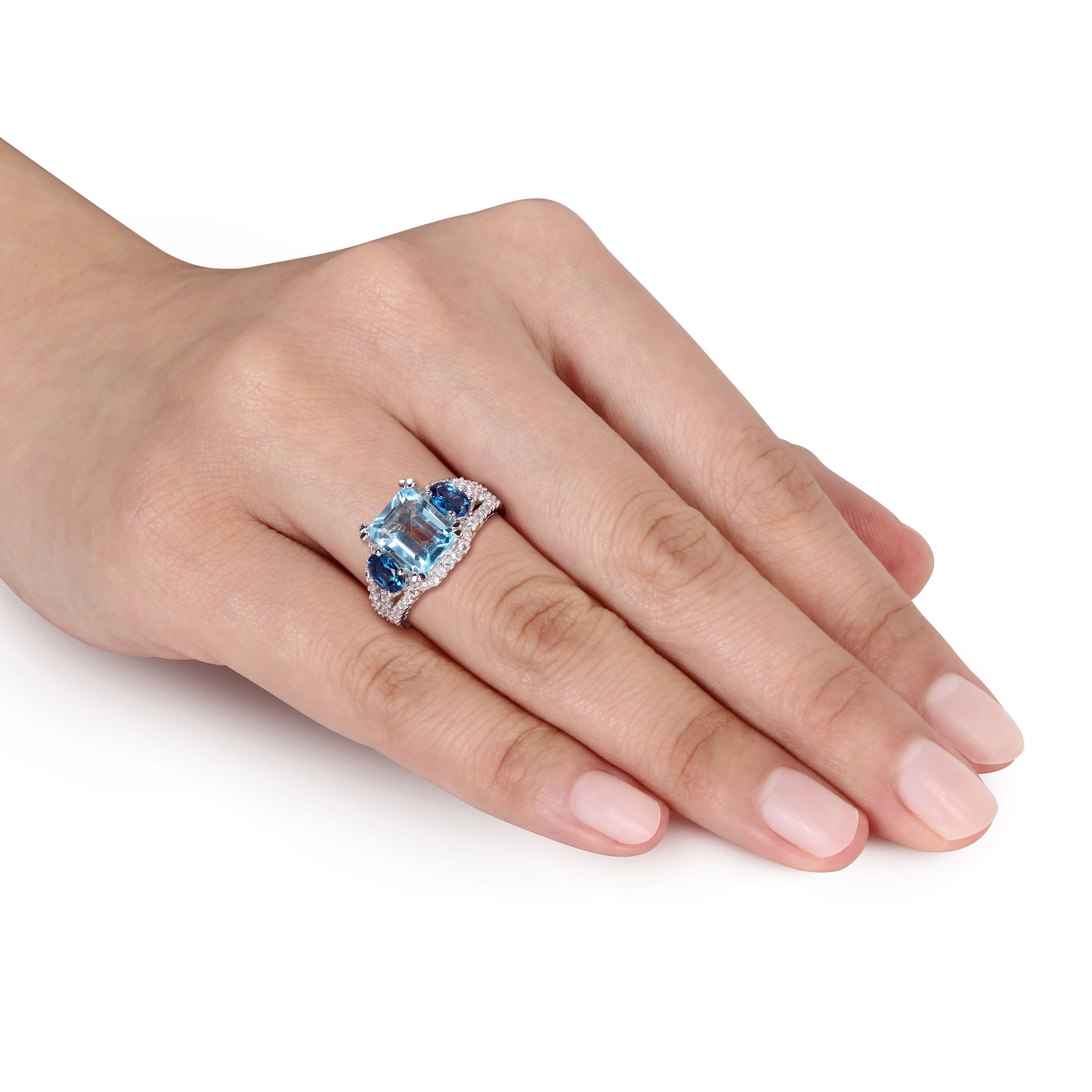 Miabella Women's 5-3/4 Carat T.G.W. Oval & Octagon-Cut Sky & London Blue Topaz and Created White Sapphire Sterling Silver 3-Stone Ring