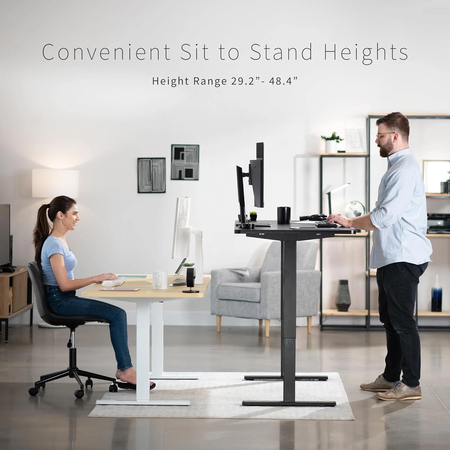 Electric Height Adjustable 71 X 24 Inch Wing-Shaped Stand Up Desk, Complete Active Corner Standing Workstation With Black Table Top, White Frame
