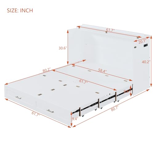Harper & Bright Designs Queen Size Murphy Wall Bed, Chest Cube Cabinet With USB, Charging Station and Large Storage Drawer for Home Office