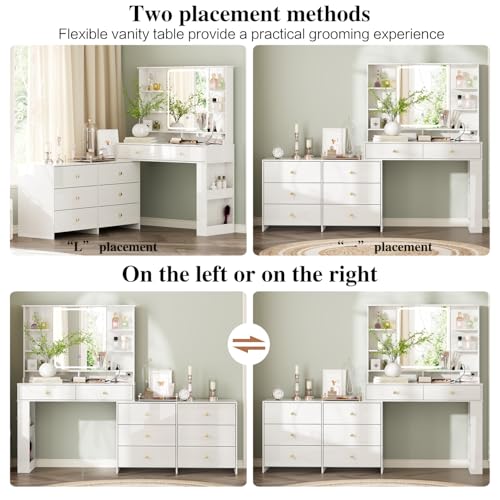 Large Makeup Vanity Desk with Mirror and Lights, Vanity Desk with 8 Drawers & Storage Shelves, Vanity Table with Power Outlet