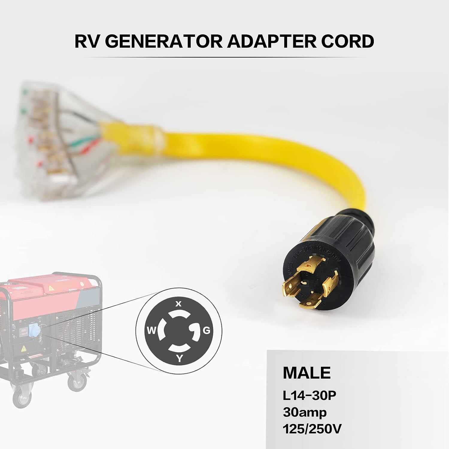 Lifesmells 4 Prong 30 Amp to 30 Amp RV Generator Adapter Cord-L14-30P Locking Male Plug to TT-30R Female with LED Power Indicator-for RV Travel