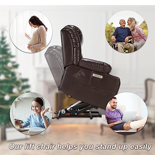 Large Power Lift Recliner Chair Genuine Leather for Elderly with Massage and Heating Function, Lazy Boy Convertible Chair with Cup Holders, USB Ports