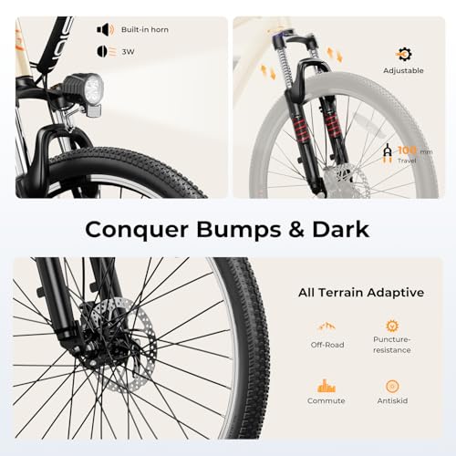 Jasion EB5 Electric Bike for Adults with Peak 500W Brushless Motor, 40Miles 20MPH Commuting Electric Mountain Bike with 360Wh Removable Battery