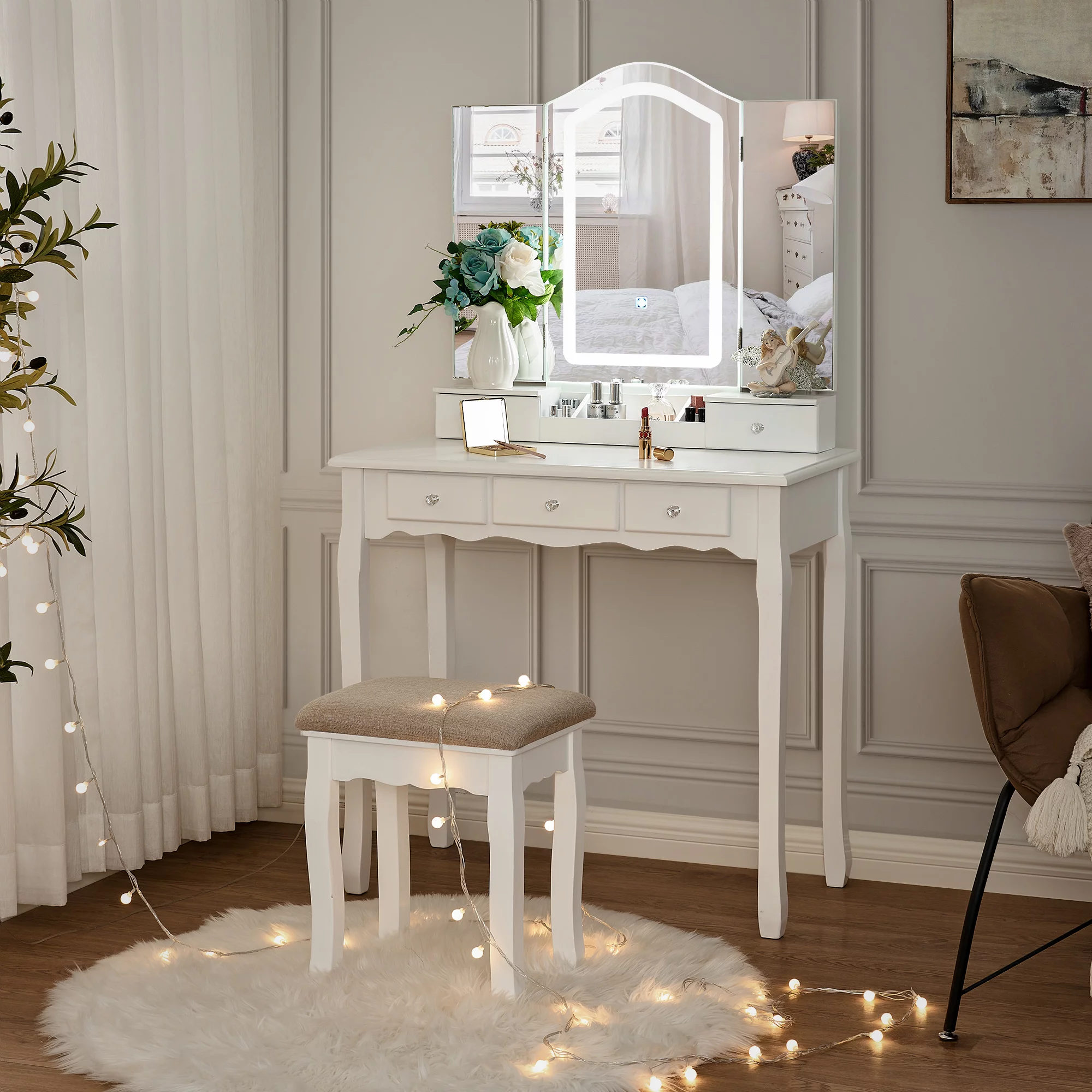 BEWISHOME Vanity Desk with Mirror and Lights, Makeup Vanity with Lights, White Vanity Set with Tri-Folding Mirror with 3 Colors
