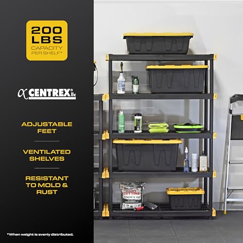 CX Black & Yellow®, 5-Tier Heavy Duty Plastic Storage Shelving Unit, 200lbs/shelf (72”H x 48”W x 20”D), for Indoor/Outdoor Organization, Modular Rack