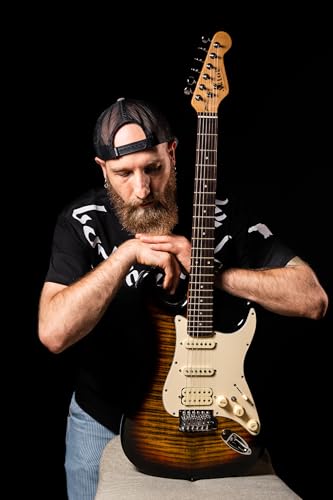 AKLOT Stryde Electric Guitar with Coil-Split: Roasted Maple Neck, Flame Maple Graphic Top, HSS Ceramic Pickups, Beginner Guitar Kit with 10W Amp