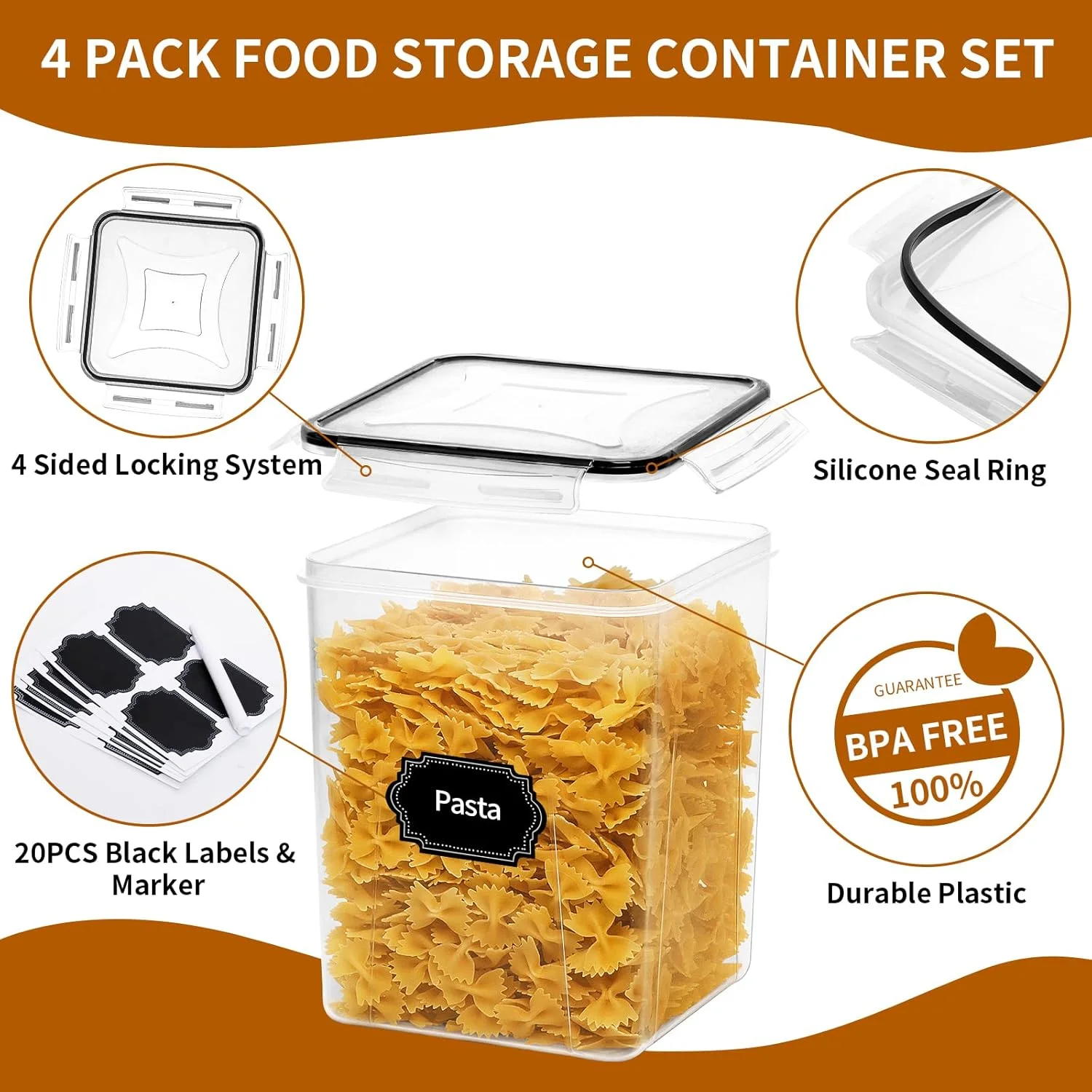 4 Pack Large Airtight Food Storage Containers with Lids (5.2L/176oz), Plastic Kitchen and Pantry Organizer Containers for Storing Cereals