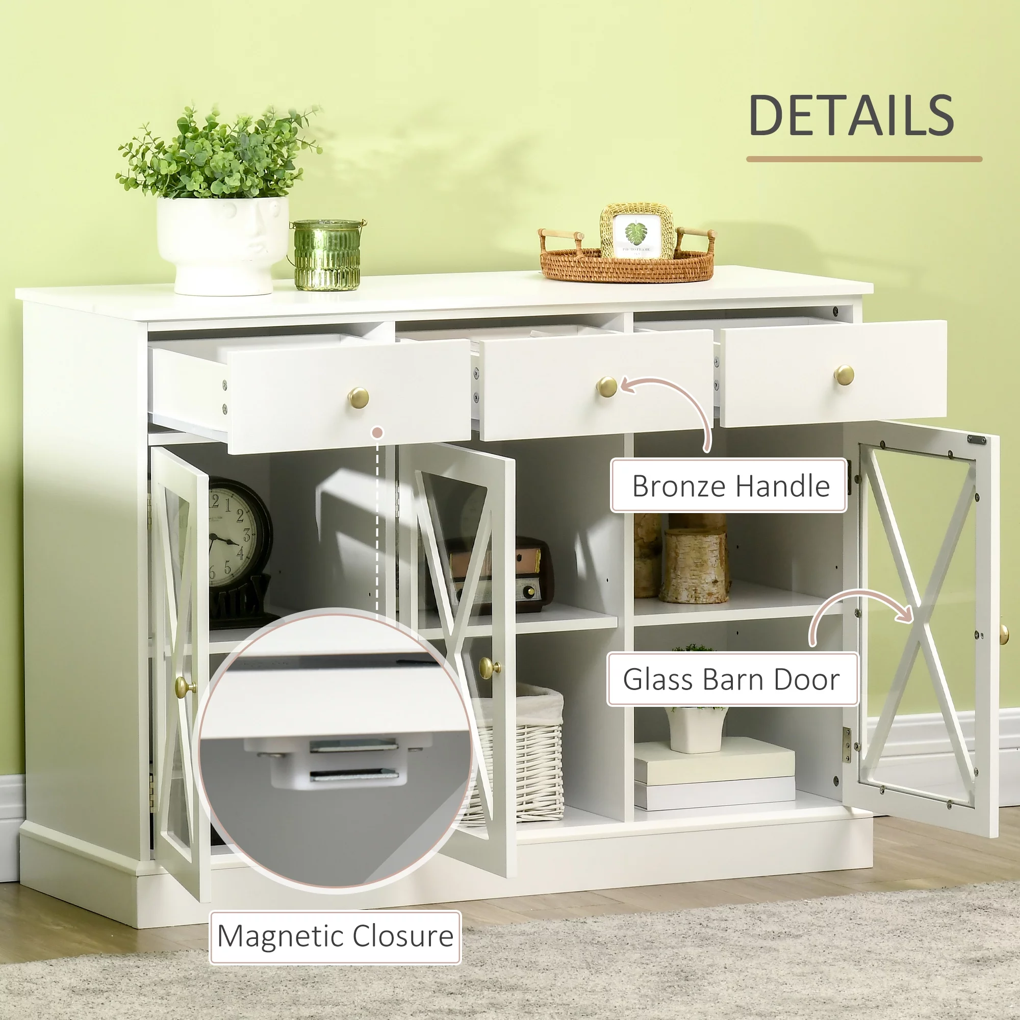 HOMCOM 45" Farmhouse Sideboard Buffet Cabinet with Glass Doors and 3 Drawers, White
