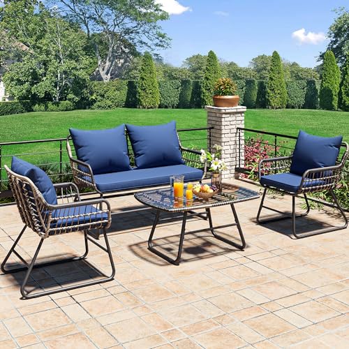 YITAHOME 4-Piece Patio Furniture Wicker Outdoor Bistro Set, All-Weather Rattan Conversation Loveseat Chairs for Backyard