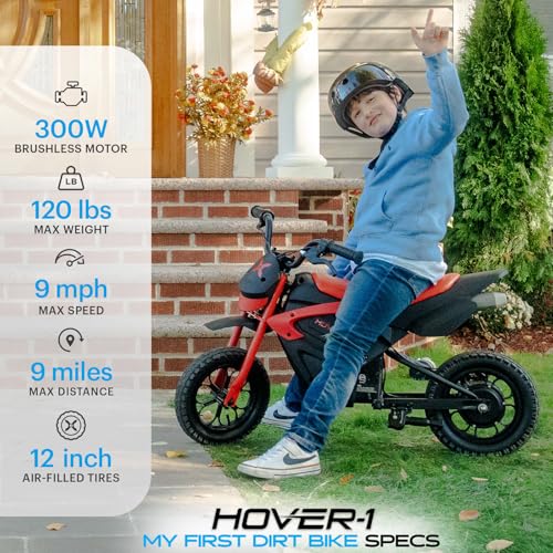 Hover-1 My First Dirt Bike for Kids - 300W Motor, 9MPH Max Speed, 9 Mile Range, 12” Off-Road Tires, 120LB Max Weight