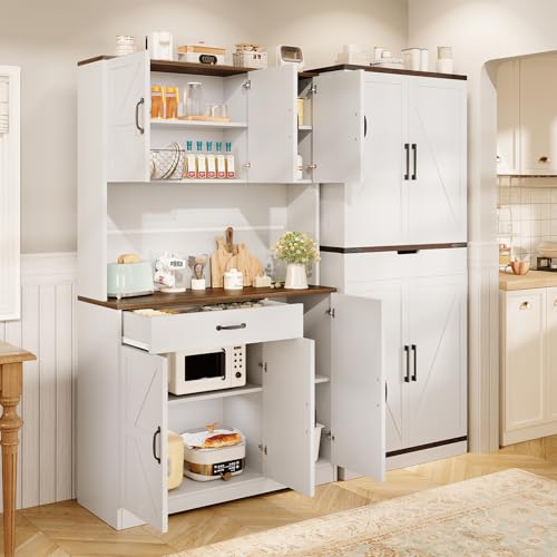 72" Tall Storage Cabinet, Kitchen Pantry Cabinet with Adjustable Shelves & Sturdy Steel Frame, Farmhouse Pantry Storage with 4 Barn Doors for Kitchen