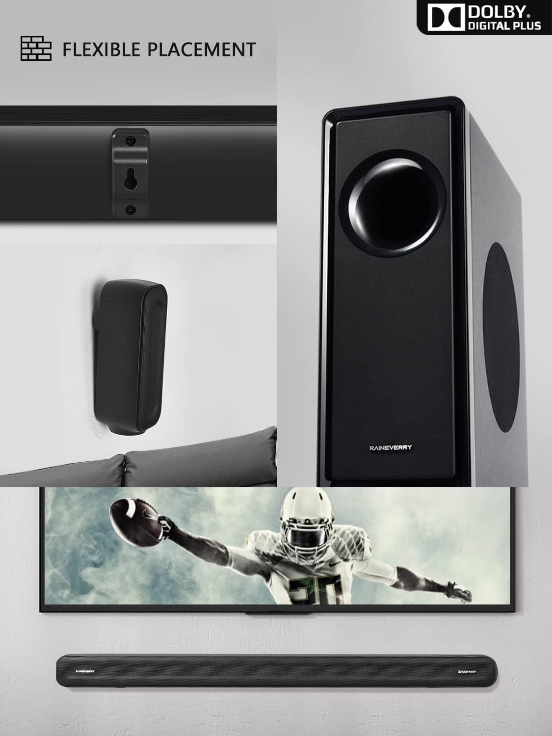 5.1 CH Surround Sound Bar with Dolby Audio, Sound Bars for TV, Wireless Subwoofer & Rear Speaker, Dolby Digital Plus, Bluetooth 5.3