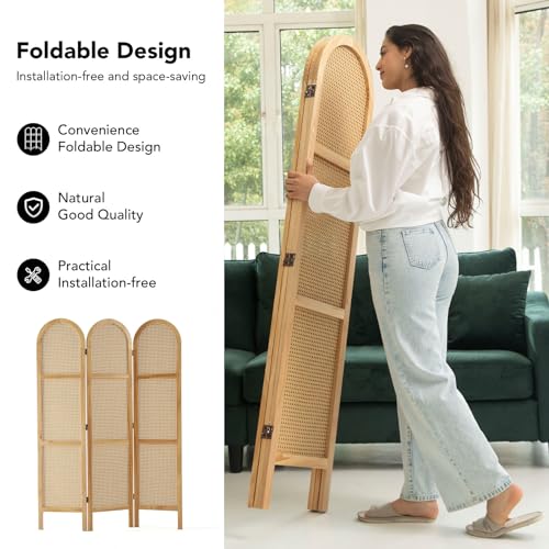 Room Divider and Folding Privacy Screens, Pine Wood 5.6 Ft Double Hinged Rattan Partition Freestanding Wall Room Divider for Home - 3 Panels