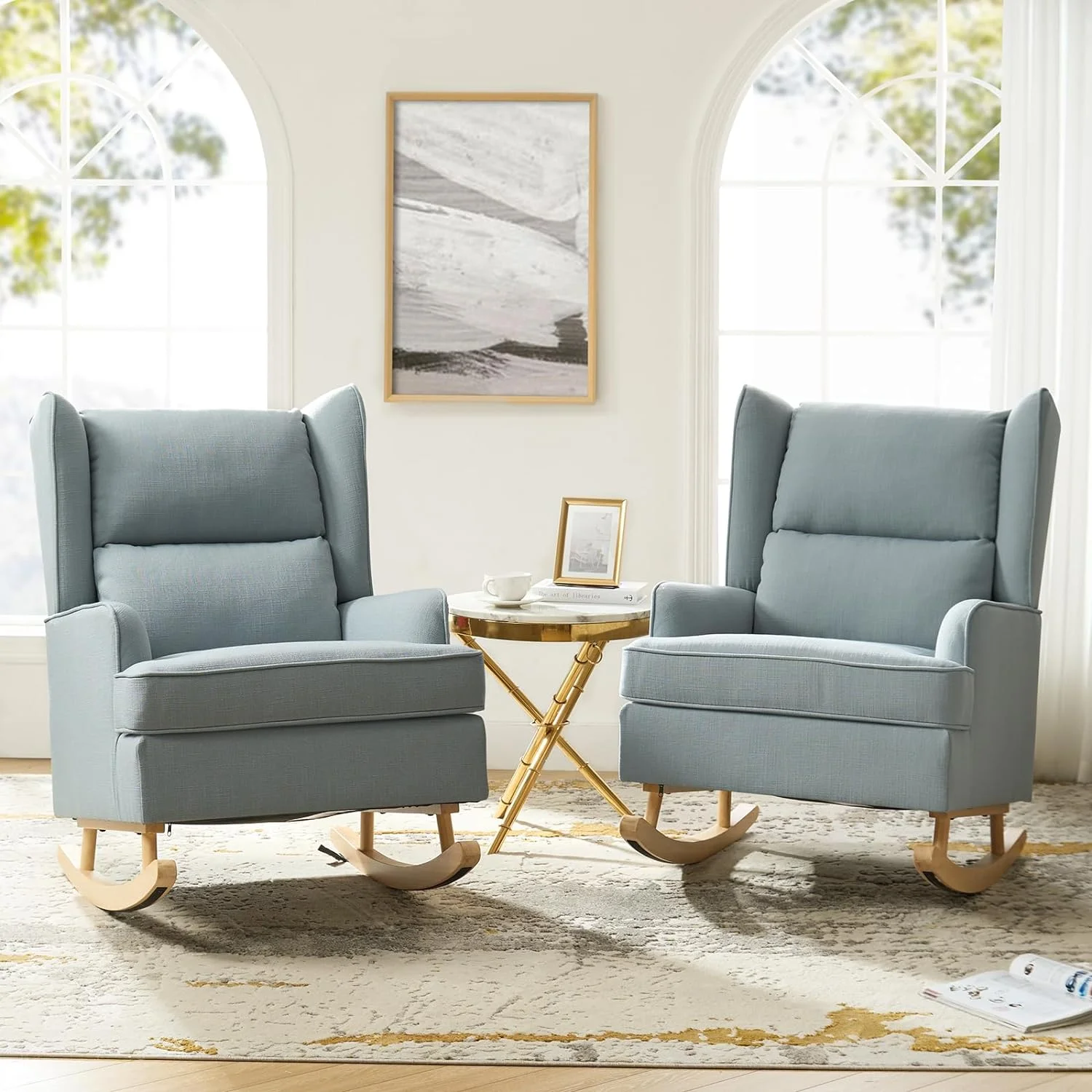 Modern Accent Rocking Chair Tufted Upholstered Linen Wingback For Nursery, Comfy Living Room Lounge Armchair