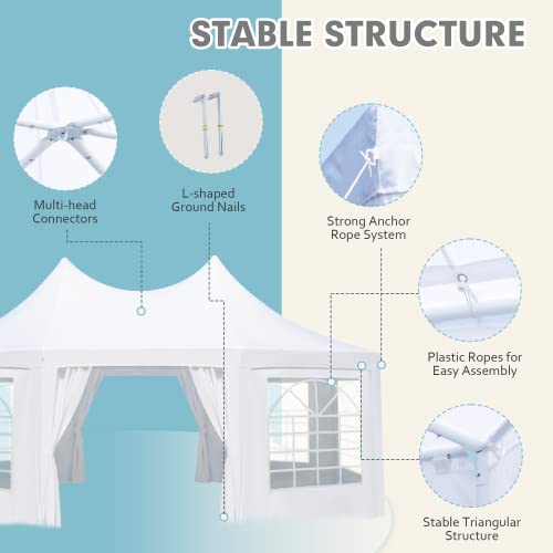 EROMMY 26x19ft Party Tent, White Wedding Tent, Decagonal Heavy Duty Canopy with 8 Removable Sidewalls, 8 Church Windows and 2 Pull-Back Doors
