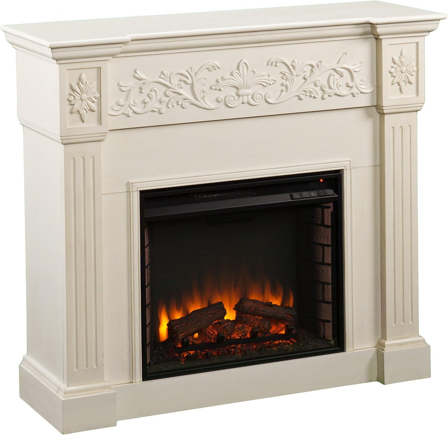 SEI Furniture Calvert Electric Carved Floral Trim Fireplace, Ivory