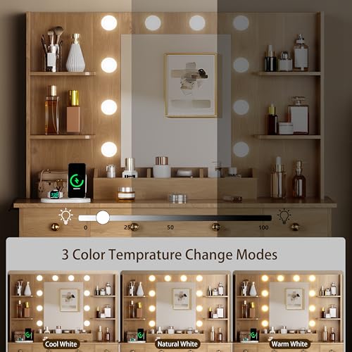 Vanity Desk with Mirror and Lights, Makeup Vanity with Charging Station & Vanity Stool