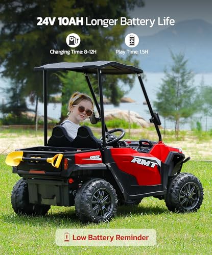 ELEMARA 24V Ride on Toy for Big Kid,Ride on Car 2 Seater w/Sun Shade,Dump Bed & Shovel,4.5MPH,4WD Electric Car for Kids,Battery Car w/Remote