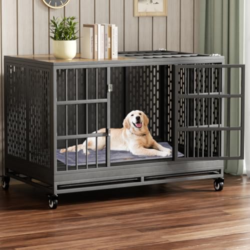48/42/38 Inch Heavy Duty Dog Crate with Wheels, Folding Metal Big Dog Cage for Large and Medium Dogs