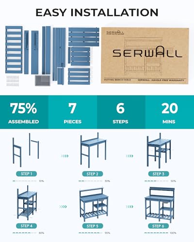SERWALL Potting Bench Outdoor Potting Table with Sink, HDPE Potting Benches for Outside Gardening Table All Weather Use- Black