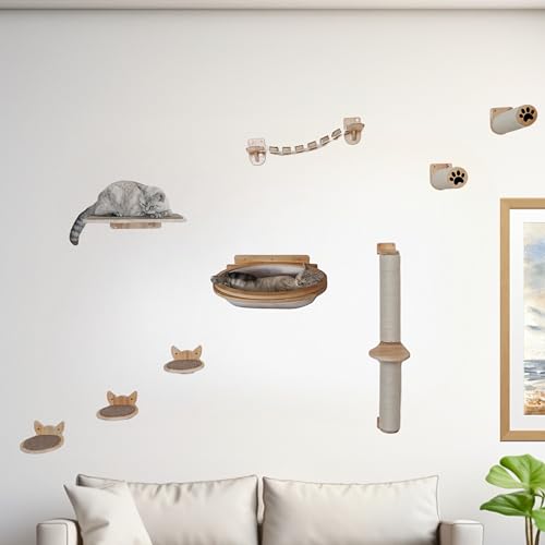 Cat Wall Shelves & Furniture Set (9 Pieces)-Durable Rubber Wood & Non-Slip Carpet, Includes Washable Hammock, Shelf, Climbing Scratcher, Ladder