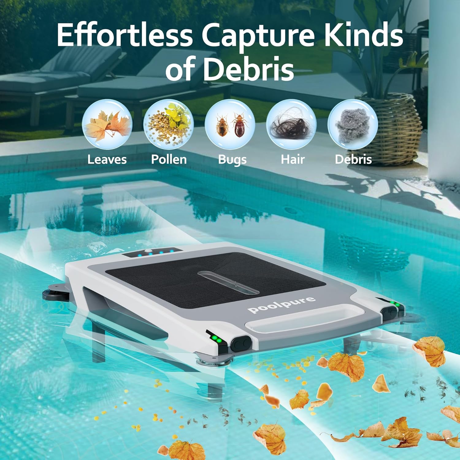 POOLPURE Pool Skimmer Robot, Solar/Battery Dual Powered Robotic Pool Skimmer