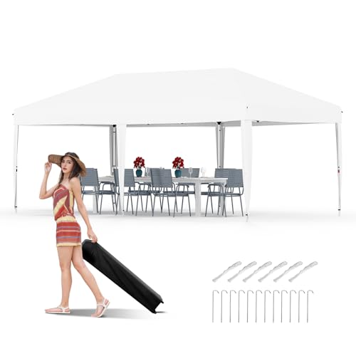 10x20 Pop Up Canopy - Easy Up Camping Tent with One Roller Bag, 3 Adjustable Height, 4 Weight Bags for Deck, Garden, Sports, Beach, Party - White