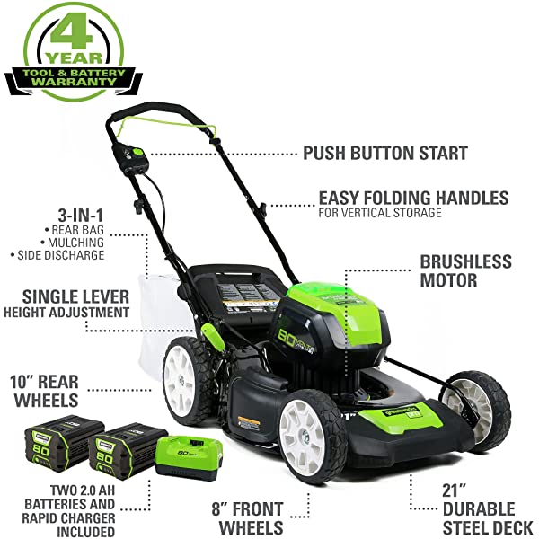 Greenworks Pro 80V 21 inch Cordless Push Lawn Mower, Includes Two 2Ah Batteries and Charger, GLM801601 (2) 2Ah Batteries Push
