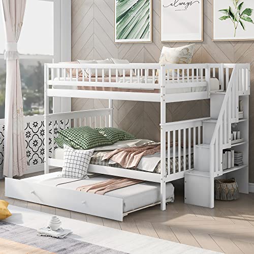 Harper & Bright Designs Twin Size Loft Bed with L-Shaped Desk and Stairs, Solid Wood Loft Bed Frame with Storage Drawers and Bookcase
