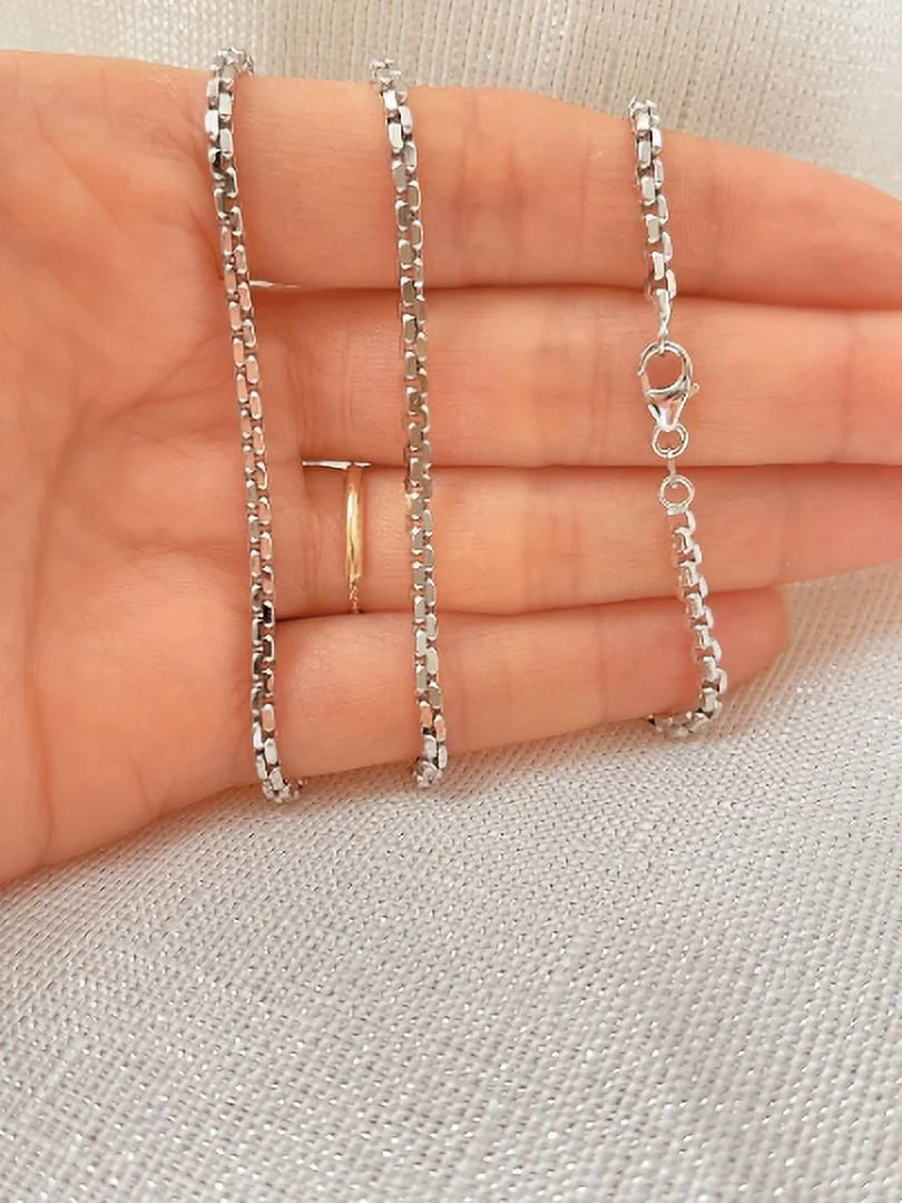 Jewelheart 14K White Real Gold Square Box Chain 2.95mm High Polished Link Pendant Necklace For Men Women 16"