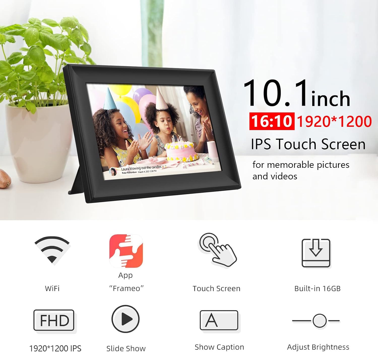 FRAMEO 10.1 Inch Smart WiFi Digital Photo Frame 1920x1200 FHD IPS LCD Touch Screen, Auto-Rotate, 16GB Storage, Support SD Card & USB Drive