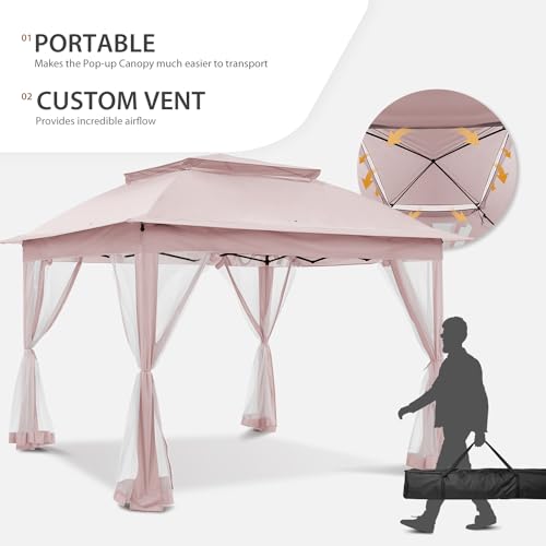 COOS BAY 11x11 Pop Up Instant Gazebo Tent with Mosquito Netting Outdoor Canopy Shelter with 121 Square Feet of Shade (Beige)