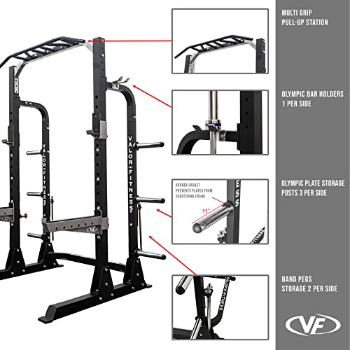 Valor Fitness Half Rack Squat Machine - 5 Position Multi-Grip Pull Up Station - Adjustable Height, Plate Storage