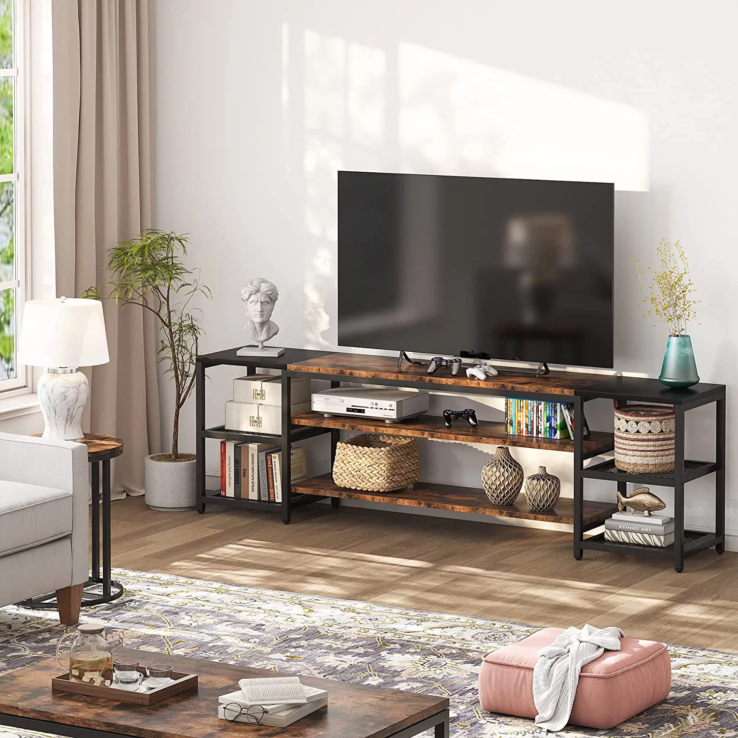 Tribesigns 78" TV Stand for TVs Up to 65" Industrial Media Console Table with 3 Tier Storage Shelves Brown and Black