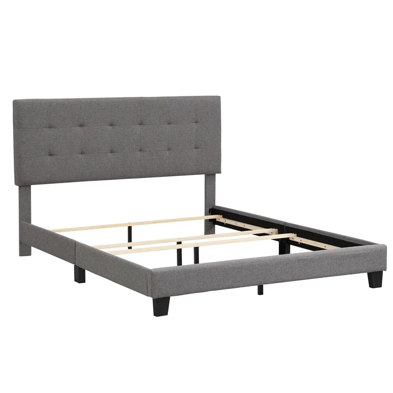 CRO Decor Upholstered Platform Bed with Tufted Headboard Gray Linen Fabric Queen