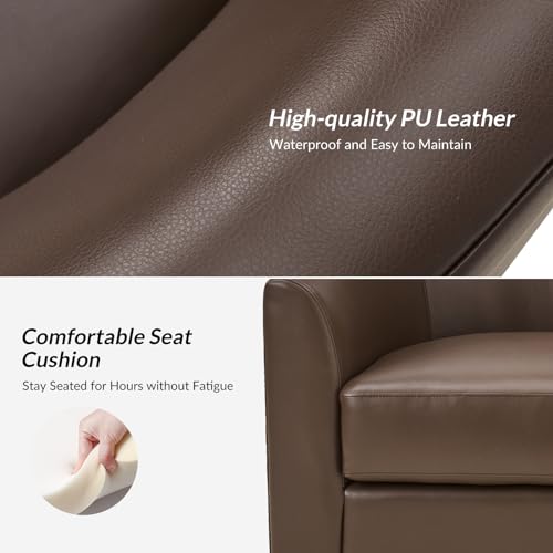 HULALA HOME Swivel Barrel Chair Set of 2, Genuine Leather Swivel Accent Chair with Solid Wood Base, Round Barrel Chair for Living Room & Bedroom