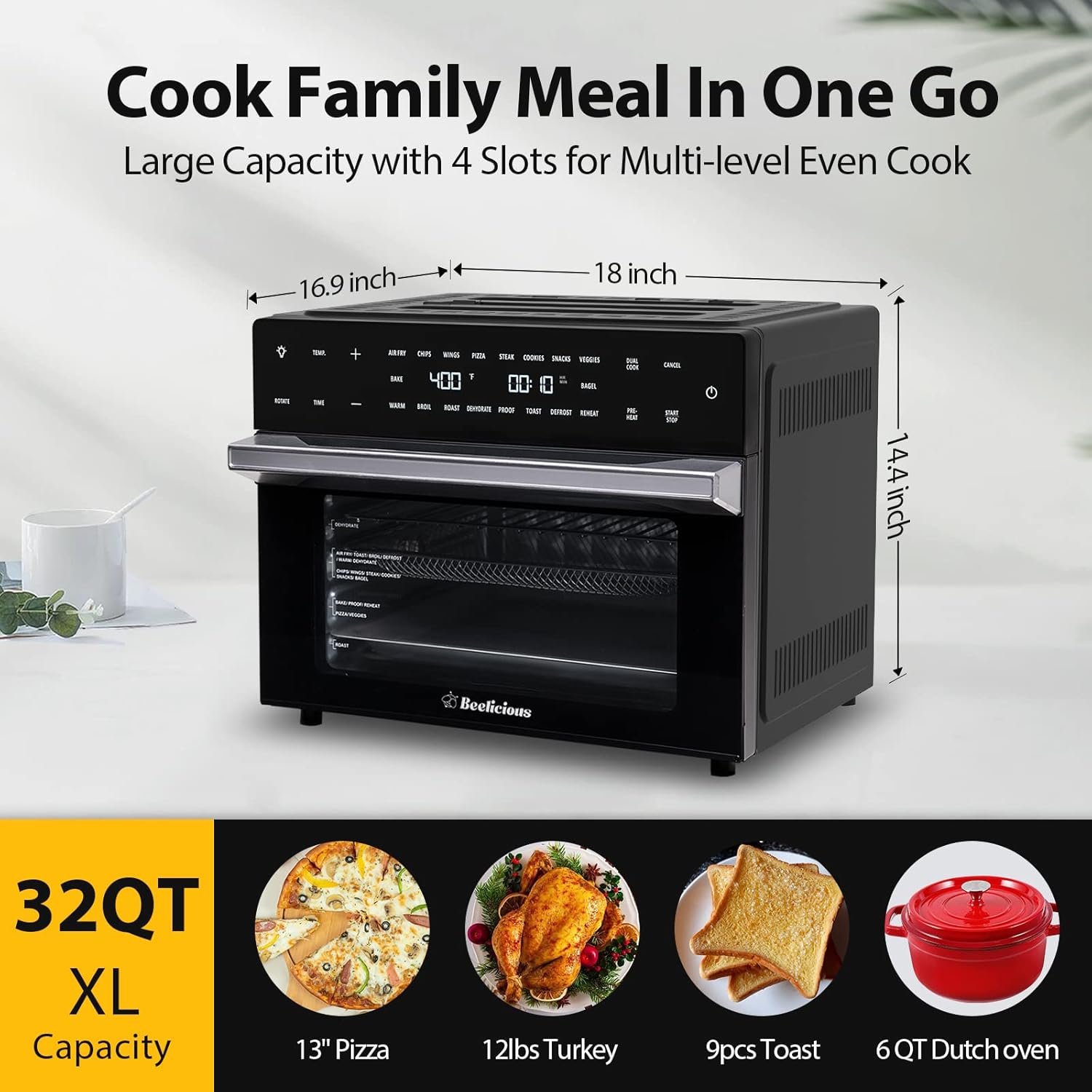 Beelicious Smart Oven Air Fryer, 32QT Extra Large Toaster Oven Air Fryer Combo with Rotisserie and Dehydrator