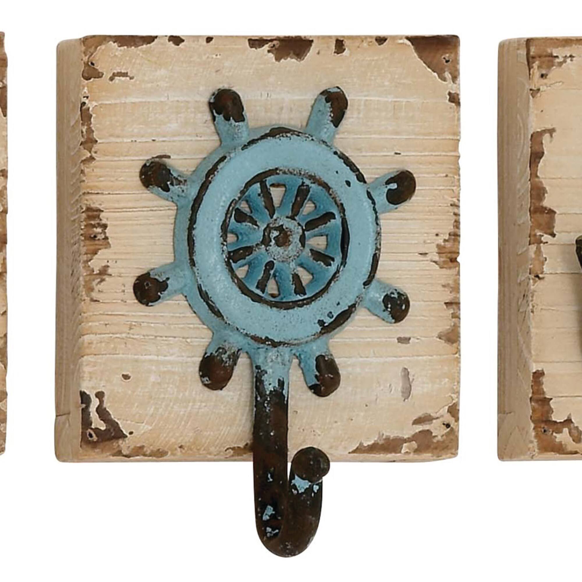 Benjara Nautical Wood and Metal Wall Hook with Distressed Details, Antique White