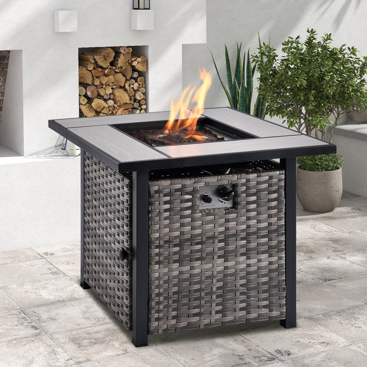 OVIOS  Rattan Wicker 5-piece Patio Furniture Set Single Chairs With Fire Pit Grey